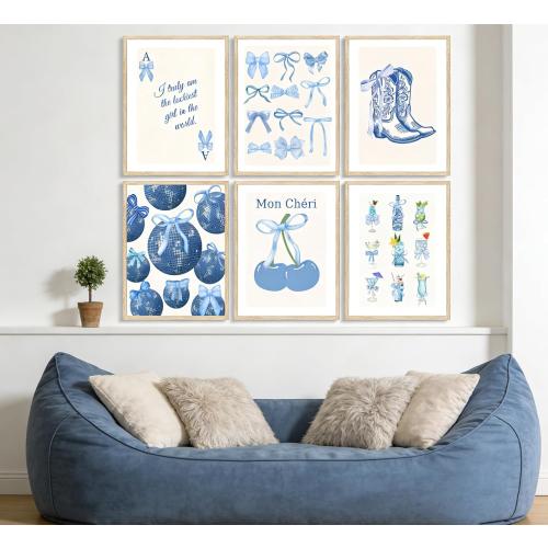 Blue Coquette Preppy Poster Wall Art,6 Pcs Aesthetic Painting Picture Wall Decor,Cowboy Boots Disco Ball Cocktail Cherry Canvas Print Artwork,for Girls Bedroom Dorm Room Home Decoration Unframed