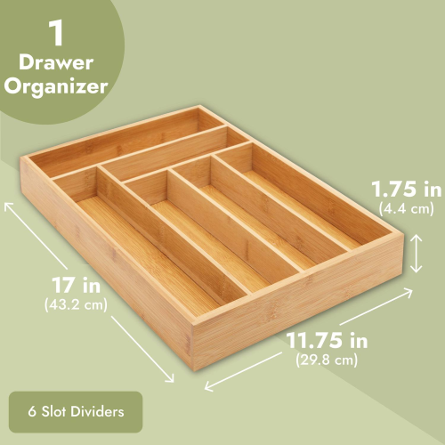Wooden Silverware Drawer Organizer, Wooden Cutlery Tray Holder for Kitchen, Flatware & Utensil Storage with 6 Slots, 17 x 11.75 x 1.75 Inches