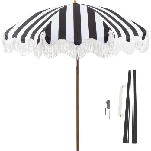 Rayjee 6.5FT Patio Umbrella with Fringe, UV Protection Beach Umbrella with Tilt & Adjustable Height, Includes Carry Bag & Ground Stake, Outdoor Umbrella for Pool, Garden, Backyard