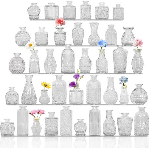 Set of 40 Glass Bud Vases, Small Clear Glass Vases in Bulk, Mini Vintage Embossed Flower Vase for Wedding, Centerpieces, Birthday Party, Home Table Decorations, Baby Shower (Clear)