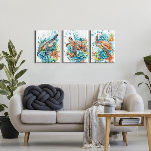 Sea Turtle Wall Decor Teal Ocean Beach Bathroom Wall Art Succulent Pictures Coastal Room Decor Nautical Canvas Paintings Abstract Sea Turtles Theme Posters Artwork Home Bedroom Decoration 12x16” 3Pcs