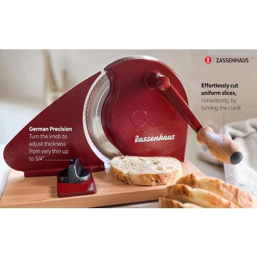 Zassenhaus Original Classic Adjustable Bread Slicer for Uniform Slices - Bread Slicer for Homemade Bread - 18/8 Stainless Steel Blade Sourdough Cutter - Red, 11.75 x 8