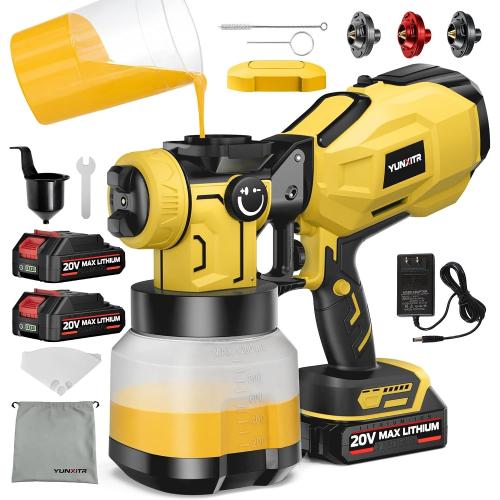 Battery Cordless Powered Paint Sprayer with 2×2000mAh Battery, 1200W HVLP Spray Gun with 3 Nozzles, Electric Paint Sprayer for Furniture, Cabinets, Walls, Fence, House Painting Yellow