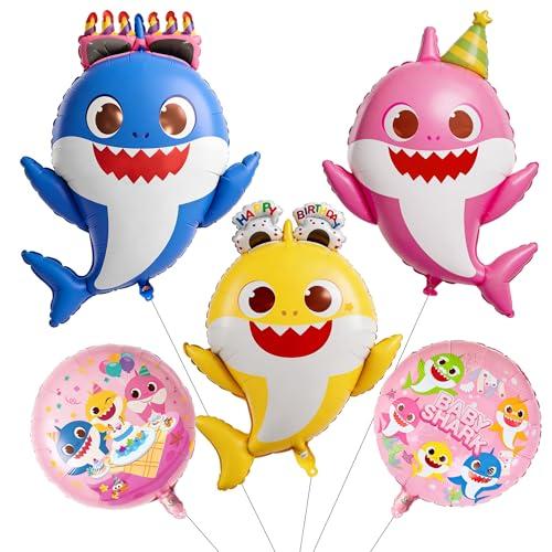PartyWoo Baby Shark Pink Round Mylar Helium Boys Girls Foil Balloons 5pcs