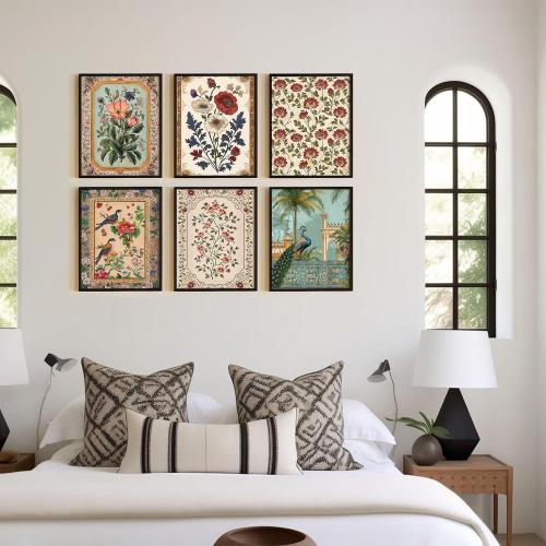 Indian Wall Art Vintage Floral Canvas Poster India Wall Decor Folk Flower Prints Scandinavian Pictures Antique Botanical Painting Gallery Artwork for Bedroom Living Room 8x10 Inch Unframed Set of 6