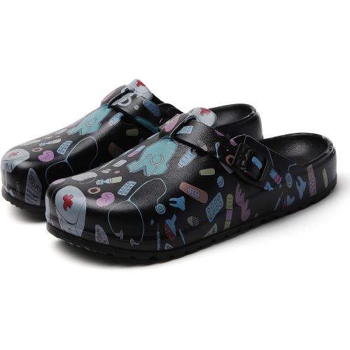 Size 8 Arch Support Nurse Clogs for Women: Non Slip Work Shoes Waterproof Garden Clogs - Adjustable Buckle Mules - Slip-On Cushion Slippers Slides