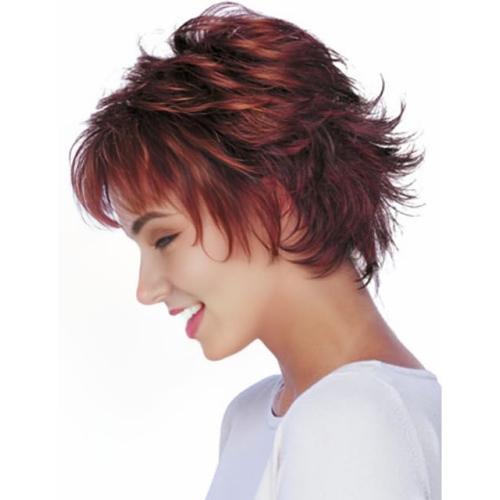 RENERSHOW Short Red Pixie Cut Wavy Wigs for White Women with Bangs Burgundy Highlight Synthetic Wig 6 Inch