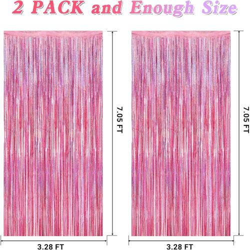 2 Pack Glitter Pink Backdrop, 3.28 FT x 7.05 FT Birthday Party Decorations, Laser Pink Fringe Curtains Foil Streamer Tinsel, Pink Curtains Photo Backdrop Happy Birthday Valentines Day Backdrop