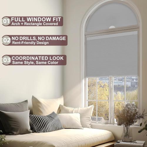 Arch Window Shades Blackout Half Circle Cordless Cellular Shades No Drill Half Moon Honeycomb Blinds for Indoor Window Thermal Insulation Noise Reduction,Blackout-Gray,72 W x 36 H