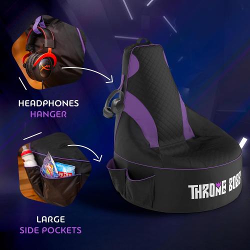 Throne Boss Gaming Bean Bag Chair Cover for Kids with High Back, Purple – Floor Gaming Chair Cover, Easy to Clean Fabric, Large Side Pockets, Headphone Hanger, Requires 200 Liters Polystyrene Beans