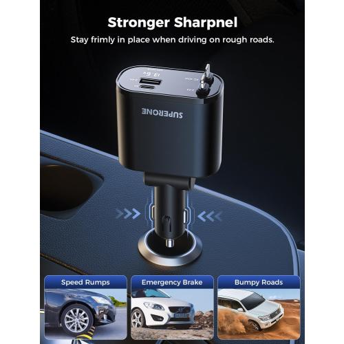 SUPERONE Retractable Car Charger, 4-in-1 Fast Phone Charger Adapter