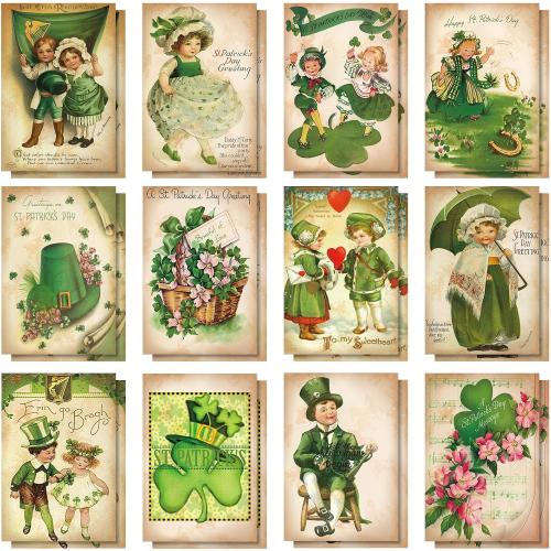 Yinder 24 Set St Patrick's Day Cards with Envelopes Vintage Green St Patrick's Day Shamrock Greeting Cards Retro Clover Irish Cards for Party Classroom Home Office Business (Cute Style)