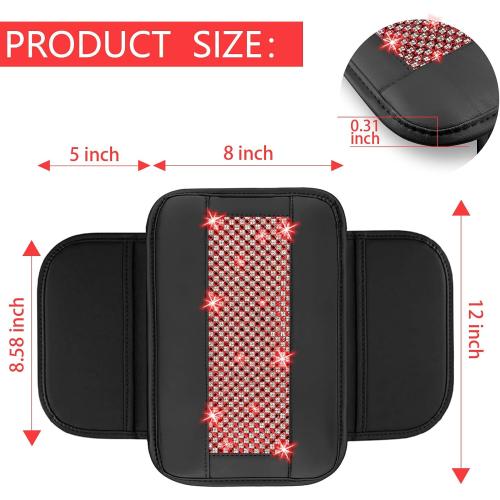 NBTEPEM Bling Car Armrest Cover, Universal Microfiber Leather Center Console Cover with 2 Pockets, Rhinestone Car Armrest Cushion Protector, Bling Accessories Interior for Most Vehicles (Red Diamond)