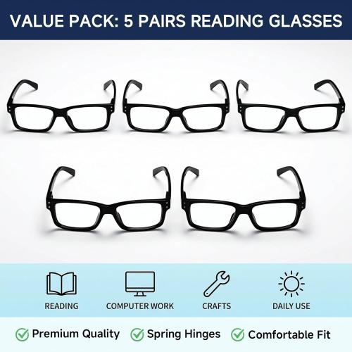 Eyekepper 0.5x Reading Glasses, Readers for Men, 5pack Black Frame Women