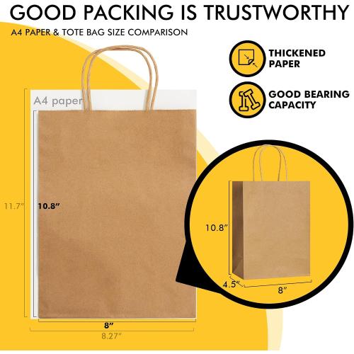 RACETOP 100 Pack Brown Kraft Gift Paper Bags with Handles 8x4.5x10.8 in