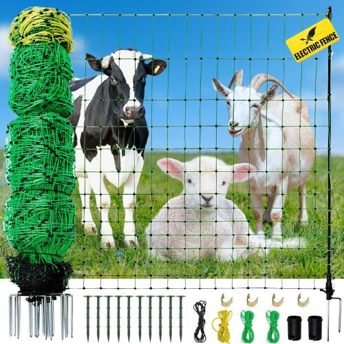 Electric Fence Netting, 164'L x 49.6 H Movable Livestock Nets for Sheep, Hogs, Cattle, PE Net Fencing Kit with 14 Posts Double Spiked, Electric Fencing for Backyards, Homesteaders, Farms Ranches