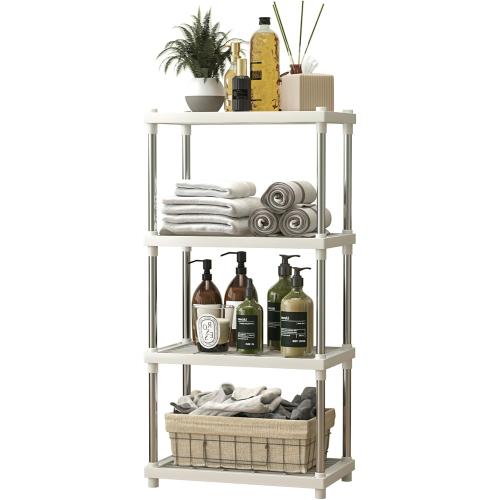 4 Tier gray Plastic and Metal Freestanding Shelf Bathroom Organizer, Shelving Unit Storage Rack Organizer for Home, Garage, Basement, Shed and Laundry Room