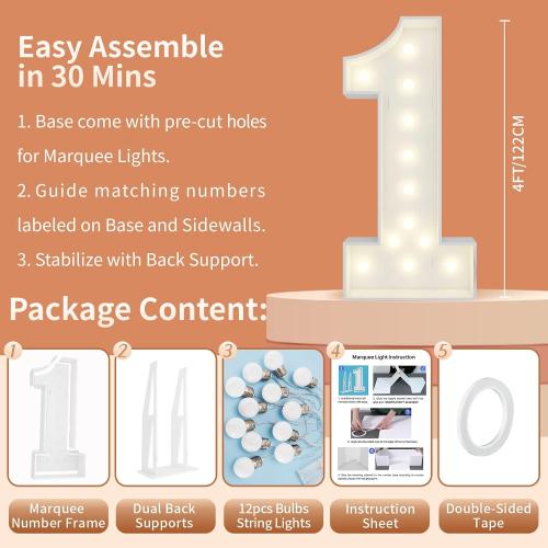 4FT Marquee Numbers, Large Light Up Numbers 1 for 1st Birthday Party Decor