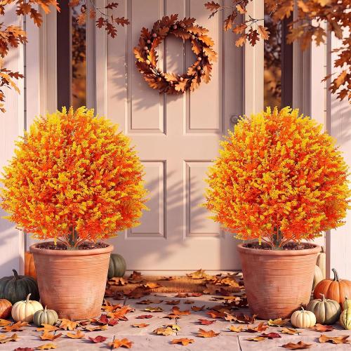 Lunmon Fall Artificial Topiary Trees Outdoor,24 Inch, 2 Pack, Orange