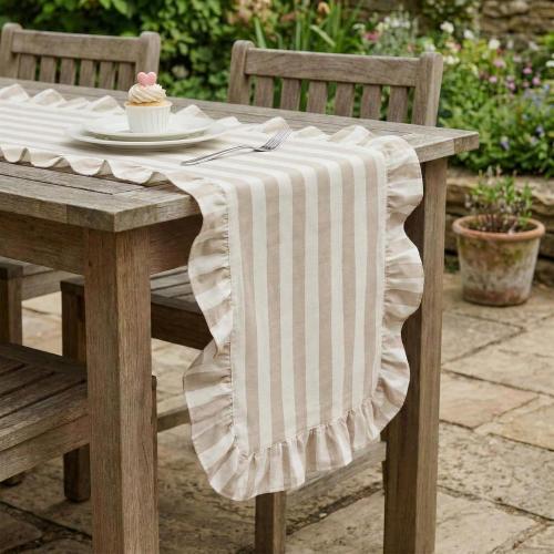 Tegeme Brown and White Stripe Ruffle Table Runner, 100% Cotton 13 x 90