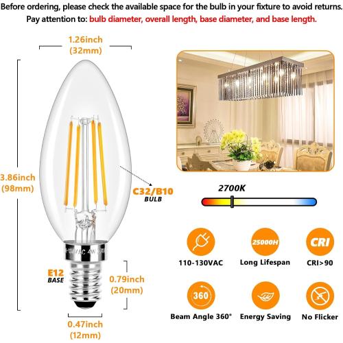 E12 LED Candelabra Bulbs 40 Watt Equivalent, 4W Vintage Candle Light Bulbs Dimmable, 470Lm Warm White 2700K B10 Edison Bulb, Filament Clear Glass Lamp Bulb for Chandelier Ceiling Fan (5 Packs)