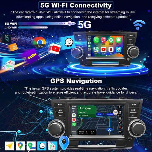 4Core 64G 5GWiFi Upgrade Car Radio for Toyota Highlander 2008-2013, Car Stereo Bluetooth Head Unit 8inch Touch Screen Radio Wireless Carplay Android Auto Backup Camera GPS FM （Only Fit Small Screen）