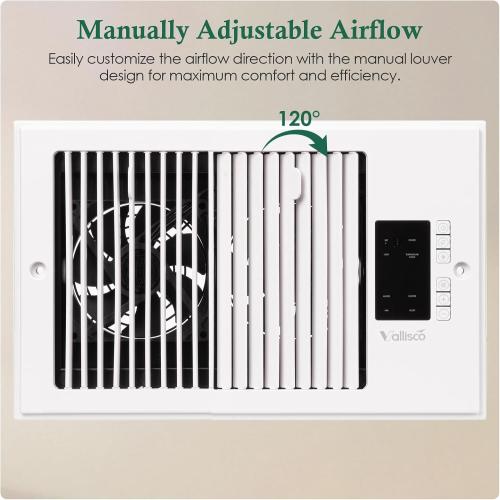 VallisCo Register Booster Fan 6 x 10 with Negative Ion, Manual Airflow Direction Control, Quiet 10-Speed Heating Cooling AC Vent Fan with Remote & Thermostat Control for Wall Floor, White