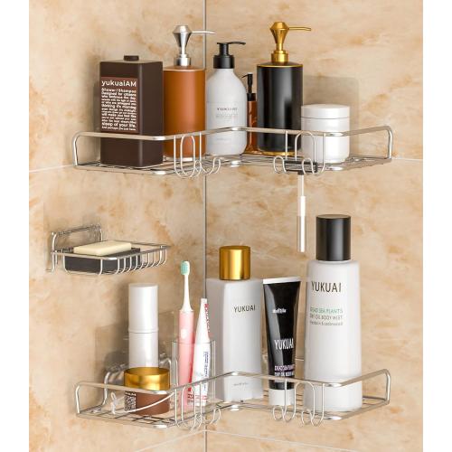 Vdomus Corner Shower Caddy Shelf, No Drilling Traceless Adhesive Rust Proof Stainless Steel Shampoo Holder with Soap Holder, Bathroom Organizer Wall Shelf Basket Rack with Hooks, 3 Pack