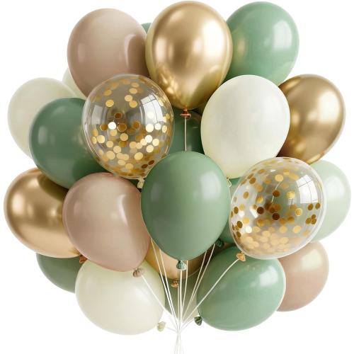 PartyWoo Sage Green Balloons 66pcs 12 Inch Gold White Brown Gold Balloons