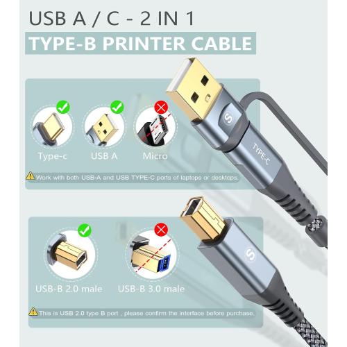 Printer Cable 2-in-1 USB-A/C to USB-B Cable High Speed Braided 6.6ft Grey