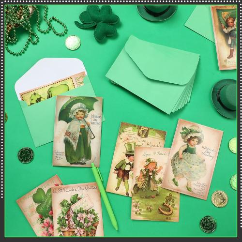 Yinder 24 Set St Patrick's Day Cards with Envelopes Vintage Green St Patrick's Day Shamrock Greeting Cards Retro Clover Irish Cards for Party Classroom Home Office Business (Cute Style)