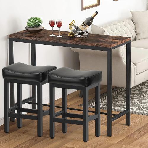 Raynesys 24 Inche Bonded Leather Counter Height Bar Stools Set of 2 Square | Barstools with Thick Bonded Leather Saddle Seats & Heavy Duty Metal Base for Kitchen Counter, Easy Assembly, All Black