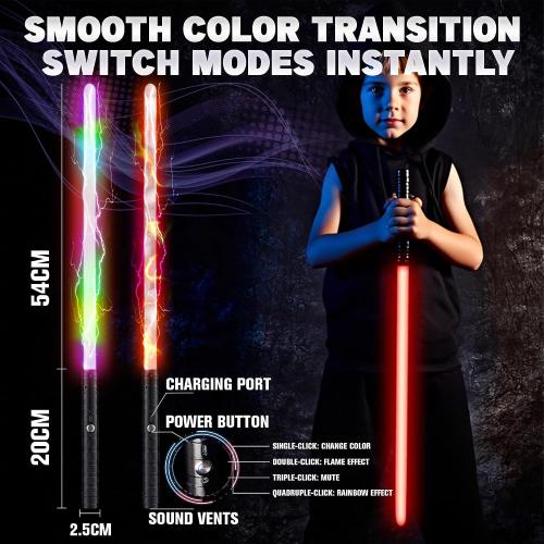 SANCO Metal Hilt Dueling Light Up Sabers - 2 Packs RGB 15 Colors Type-C Rechargeable Power Swords with 31 Light Effects & Motion-Sensing FX, Glowing Toys for Halloween Cosplay, Gifts for Kids & Adults