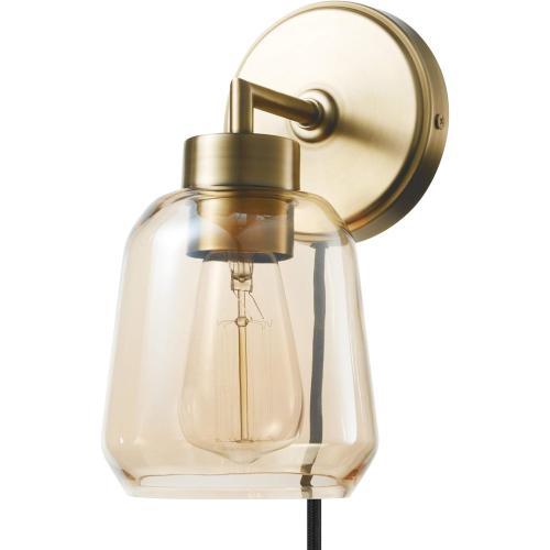 Globe Electric 1-Light Matte Brass Plug-in or Hardwire Wall Sconce with Smoked Amber Glass Shade and in-Line On/Off Switch