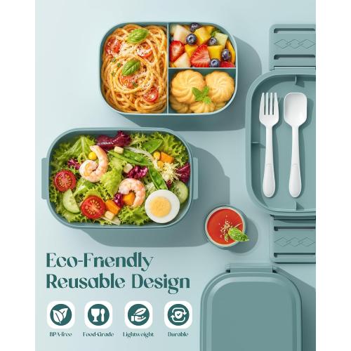 Bento Lunch Box, 65 oz 3-Tier Stackable Lunch Container, Adjustable 2/3 Tier Design, BPA-Free Food-Grade Plastic, Leakproof, Microwave & Dishwasher Safe, Green