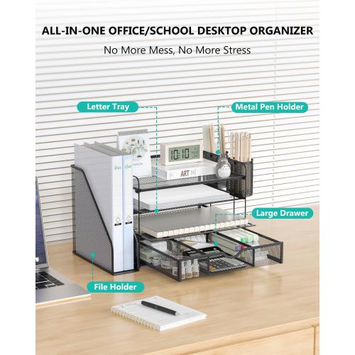 WALI Desk File Organizer, 4 Tier Desktop Paper Letter Tray Organizer with Drawer and 2 Pen Holders, Office Desk Accessories & Workspace Organizers for Office, Home Supplies(DO005DH-B), 1 Pack, Black