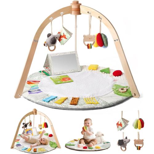 Macabaka Wooden Baby Play Gym & Tummy Time Playmat – Montessori Sensory Activity Mat with 6 Developmental Toys for Fine Motor Skills – for Newborns to Toddlers (0–12M )