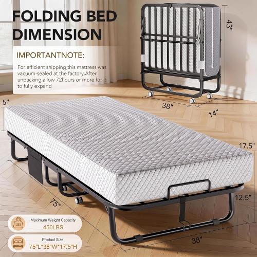 Decofy 75x38 Folding Bed with Mattress Rollaway Beds on Wheels10 Tubes
