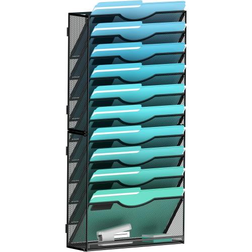 11-Tier Wall File Organizer Hanging Wall File Holder Wall Mount Paper Folder Organize, Mesh Magazine Document Mail Organizer Wall Organizer for Office School Home, Black