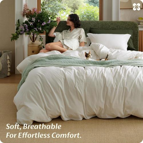 Bedsure PureWoven 100% Washed Cotton Duvet Cover Set, Queen Size, 3-PC