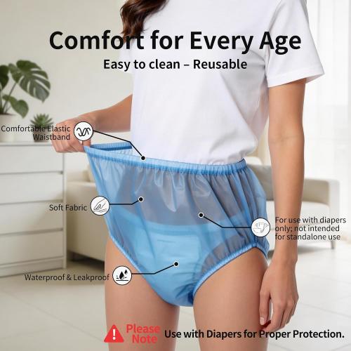 6 Pack Adult Incontinence Diaper Covers | Rubber Underwear, Blue M