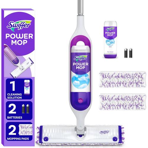 Swiffer PowerMop Multi-Surface Mop Kit for Floor Cleaning, Includes PowerMop, 2 Mopping Pad Refills, 1 Cleaning Solution with Fresh Scent and 2 Batteries