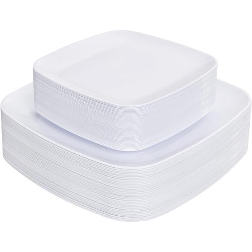 PULOTE 60PCS White Square Plastic Plates Disposable - Heavy Duty Party Plates Include 30 Dinner Plates,30 Dessert Plates for Parties&Weddings