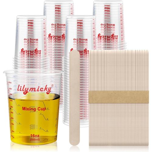 Lilymicky 16 oz Plastic Mixing Cups, 100 Pack 16 oz (500ml) Disposable Measuring Cups with 100 Wooden Mixing Sticks, Can Be Used for Epoxy Resin, Liquid Measuring, Paint, Cooking and Baking