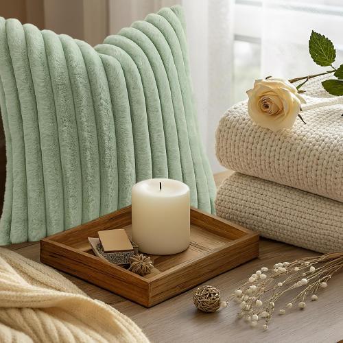 decorUhome Fall Faux Fur Throw Pillow Covers 18x18 Set of 2 Sage Green