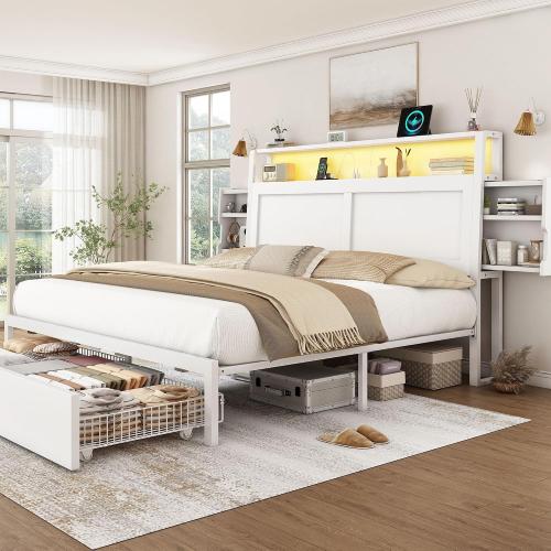 LARMACE Queen Bed Frame with Storage, LED Light and Charging Station, White