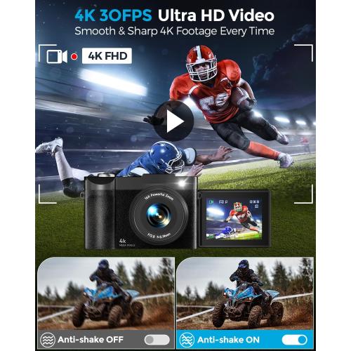 4K Digital Camera for Photography- 48MP Autofocus Vlogging Camera with 2.8 180° Flip Screen, 16X Digital Zoom- Compact Point and Shoot Camera with 64GB SD for YouTube, Travel, Beginners