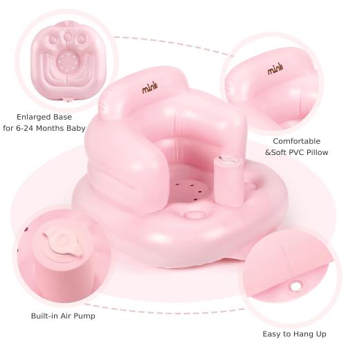 Mink Inflatable Baby Seat for Babies 3 Months & Up, Blow Up Floor Baby Chair with Back Support, Fence & Built-in Air Pump, Sit Me Up Inflatable Chair for Sit Training, Feeding, Travel (Pink)