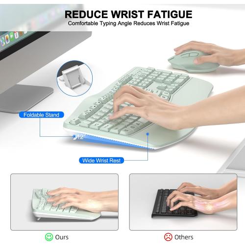 Wireless Keyboard and Mouse Combo, 2.4G Ergonomic Wave Key(Avocado Green)