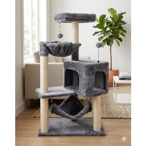 YUNIQUE Cat Tree with Cat Condo and Big Hammock, Grey